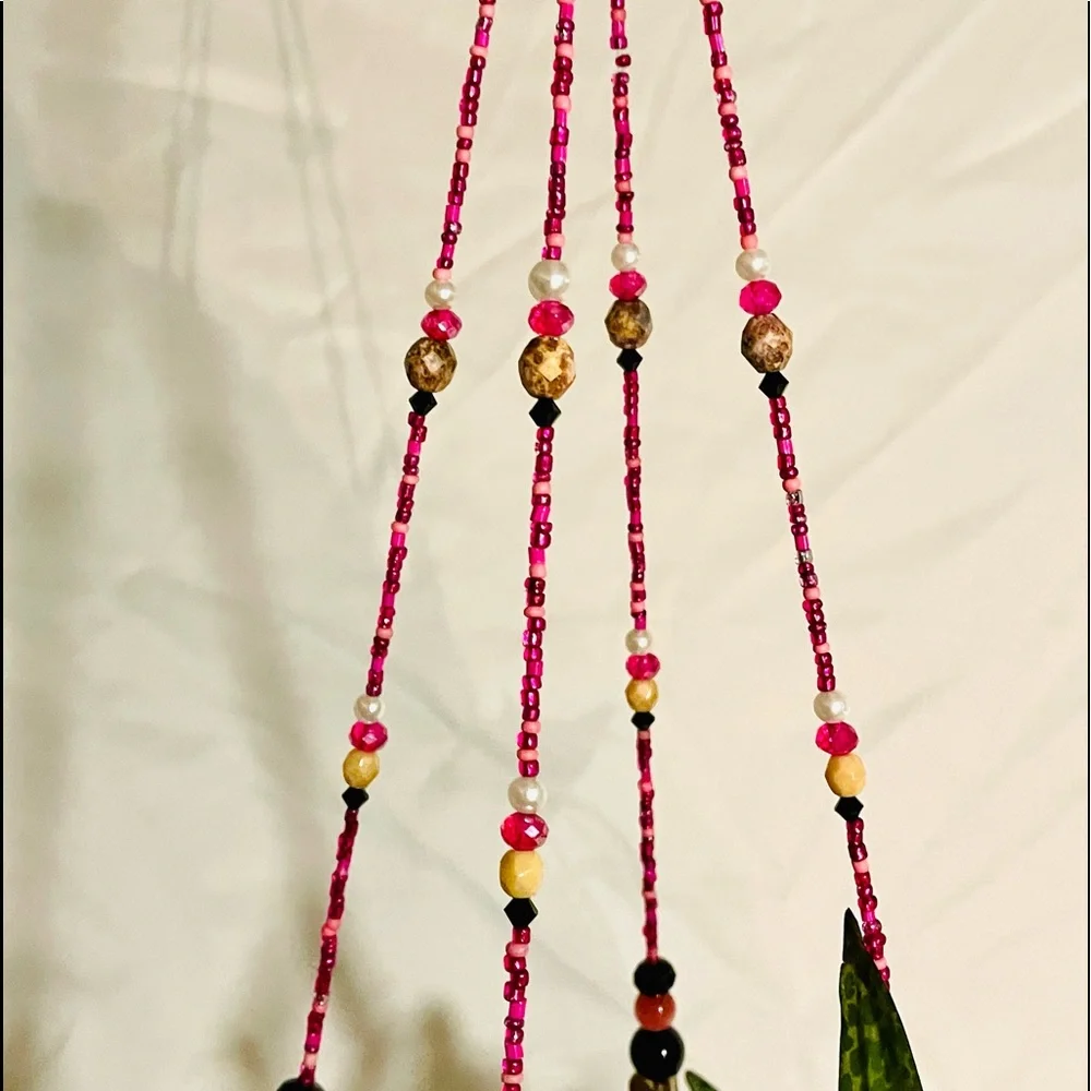 Hand beaded hanging plant holder measures Approx 32” long - Picture 4 of 8